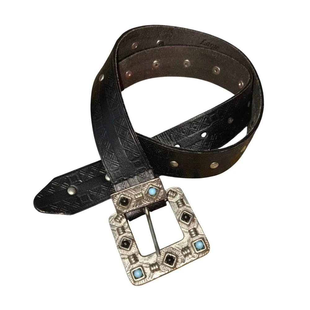 Leather Belt Boho Western Southwestern Embellished Solid Brass Buckle‎ India LG